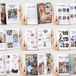 May include: A collection of open magazines with various layouts and images. The pages feature articles with text and photographs, including a calendar, fashion, beauty products, and personal photos. The magazines are held open by hands.