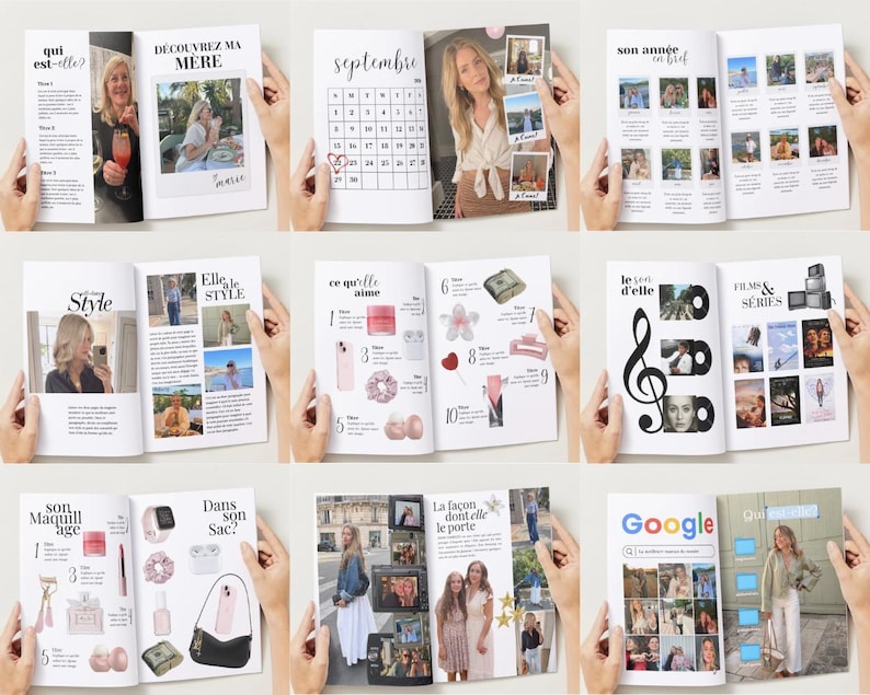 May include: A collection of open magazines with various layouts and images. The pages feature articles with text and photographs, including a calendar, fashion, beauty products, and personal photos. The magazines are held open by hands.