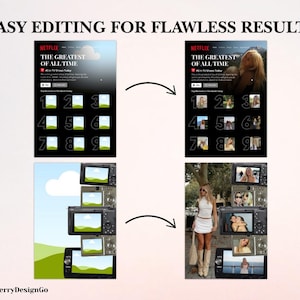 Op de afbeelding: Afbeelding met een voor-en-na bewerkingsconcept. De tekst "EASY EDITING FOR FLAWLESS RESULTS" staat bovenaan. De afbeelding bevat een Netflix-webpaginadesign en een vrouw in een witte outfit. De onderkant toont een stapel camera's.
