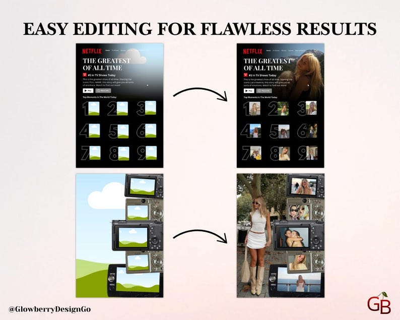 Op de afbeelding: Afbeelding met een voor-en-na bewerkingsconcept. De tekst "EASY EDITING FOR FLAWLESS RESULTS" staat bovenaan. De afbeelding bevat een Netflix-webpaginadesign en een vrouw in een witte outfit. De onderkant toont een stapel camera's.