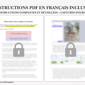 May include: Two-page document with the text "INSTRUCTIONS PDF EN FRAN&Ccedil;AIS INCLUSES" at the top. The left page has a lock icon and text in French. The right page also has a lock icon and a blurred image. The document is on a white background.