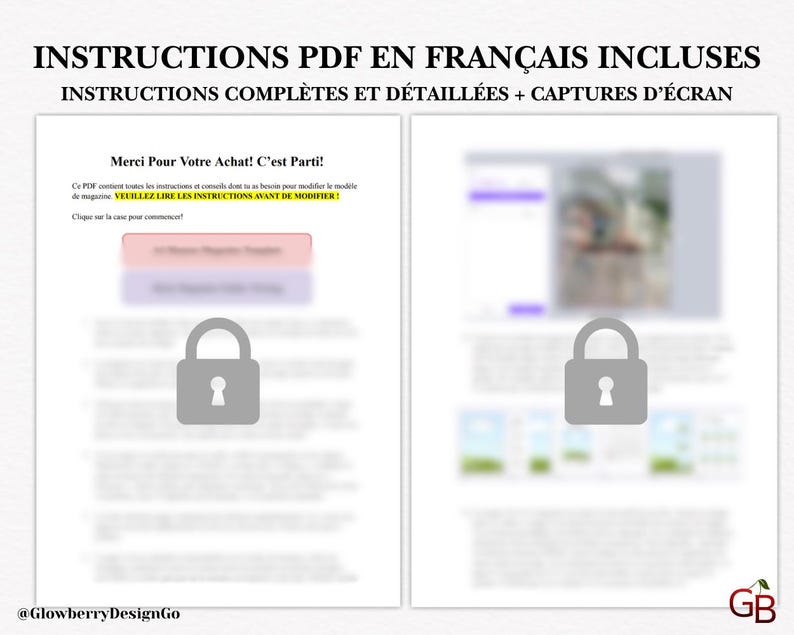 May include: Two-page document with the text "INSTRUCTIONS PDF EN FRAN&Ccedil;AIS INCLUSES" at the top. The left page has a lock icon and text in French. The right page also has a lock icon and a blurred image. The document is on a white background.