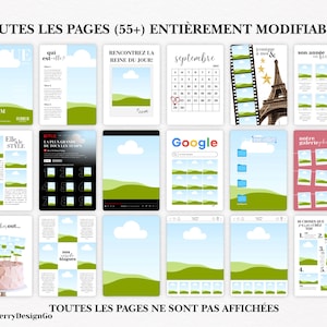 Puede incluir: Una colecci&oacute;n de plantillas digitales con varios dise&ntilde;os, incluyendo calendarios, revistas y dise&ntilde;os de redes sociales. Las plantillas presentan gr&aacute;ficos de paisajes verdes y azules, con texto en franc&eacute;s. El texto incluye frases como "Toutes les pages" y "enti&egrave;rement modifiables."