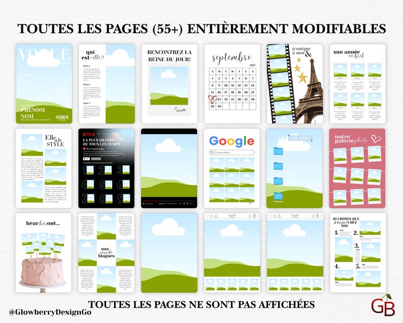 Puede incluir: Una colecci&oacute;n de plantillas digitales con varios dise&ntilde;os, incluyendo calendarios, revistas y dise&ntilde;os de redes sociales. Las plantillas presentan gr&aacute;ficos de paisajes verdes y azules, con texto en franc&eacute;s. El texto incluye frases como "Toutes les pages" y "enti&egrave;rement modifiables."
