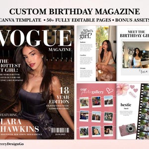 May include: A custom birthday magazine template with a Vogue magazine cover featuring Lara Hawkins. The magazine includes editable pages, bonus assets, and a photo gallery. Text includes "The Hottest It Girl!" and "18 Year Edition".