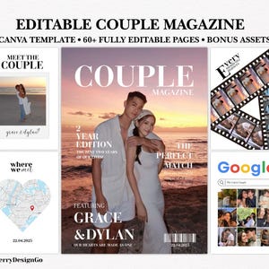Modelo editável de revista para casais no Canva | Presente personalizado para namorado | Presente para relacionamento | Presente de aniversário | Presente de noivado | Presente de Natal