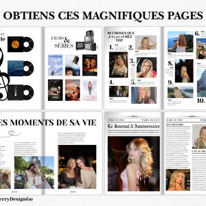 Puede incluir: Una revista con el titular "OBTIENS CES MAGNIFIQUES PAGES". Las p&aacute;ginas presentan carteles de pel&iacute;culas, fotos y texto. El lado izquierdo tiene una nota musical y discos de vinilo. La esquina inferior izquierda tiene el texto "LES MOMENTS DE SA VIE".