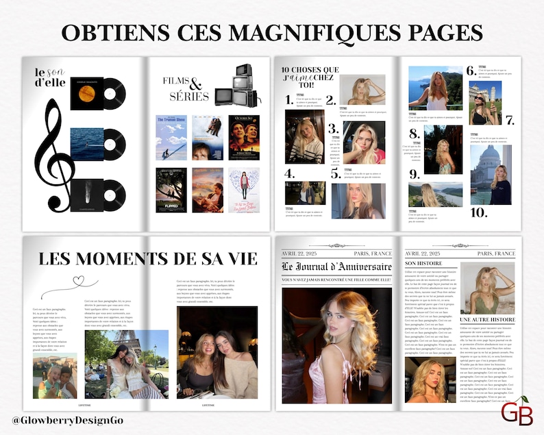 Puede incluir: Una revista con el titular "OBTIENS CES MAGNIFIQUES PAGES". Las p&aacute;ginas presentan carteles de pel&iacute;culas, fotos y texto. El lado izquierdo tiene una nota musical y discos de vinilo. La esquina inferior izquierda tiene el texto "LES MOMENTS DE SA VIE".