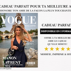 Puede incluir: Una portada de revista "Vogue" con una mujer con un vestido azul oscuro frente a la Torre Eiffel. La portada incluye el texto "Le Cadeau Parfait Pour Ta Meilleure Amie" y el nombre "Manon Laurent".