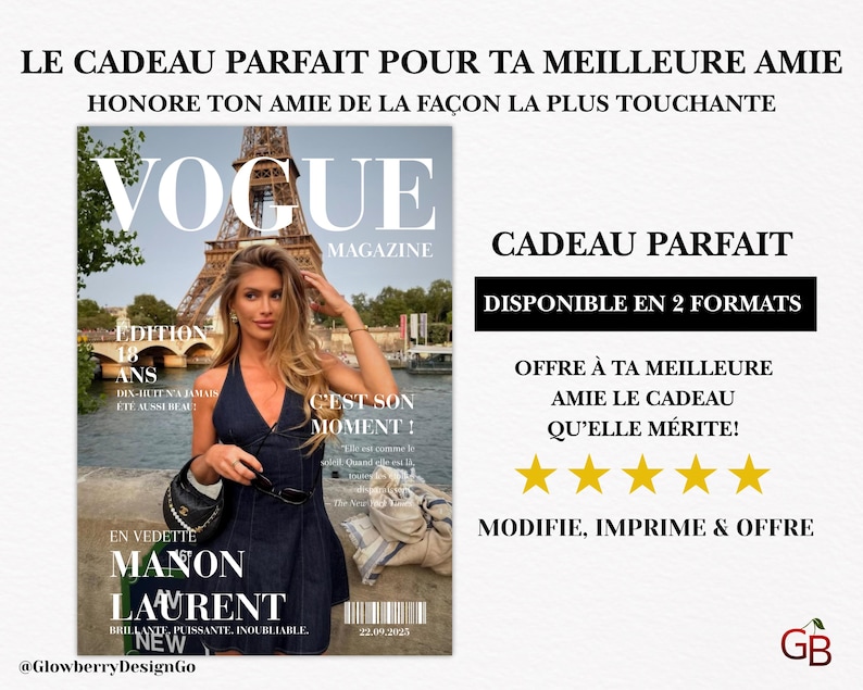 Puede incluir: Una portada de revista "Vogue" con una mujer con un vestido azul oscuro frente a la Torre Eiffel. La portada incluye el texto "Le Cadeau Parfait Pour Ta Meilleure Amie" y el nombre "Manon Laurent".