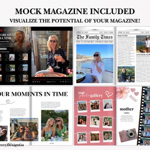 May include: A mock magazine layout with the text "MOCK MAGAZINE INCLUDED" and "VISUALIZE THE POTENTIAL OF YOUR MAGAZINE!". The layout includes magazine spreads with photos and text, including a Netflix screen capture and a photo gallery.