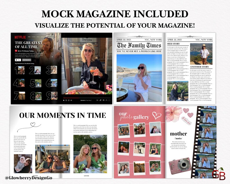 May include: A mock magazine layout with the text "MOCK MAGAZINE INCLUDED" and "VISUALIZE THE POTENTIAL OF YOUR MAGAZINE!". The layout includes magazine spreads with photos and text, including a Netflix screen capture and a photo gallery.