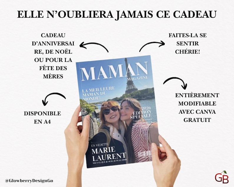 May include: A magazine cover titled "MAMAN" with the Eiffel Tower in the background. The cover features two women and the text "LA MEILLEURE MAMAN DU MONDE!" and "MARIE LAURENT". The text "ELLE N'OUBLIERA JAMAIS CE CADEAU" is at the top.