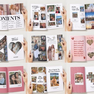 May include: A collection of open magazines with photographs and text. The magazines feature layouts with photos, captions, and titles such as "CONTENTS", "10 THINGS I LOVE ABOUT YOU", "our first picture", and "PARIS DUBAI TOKYO".