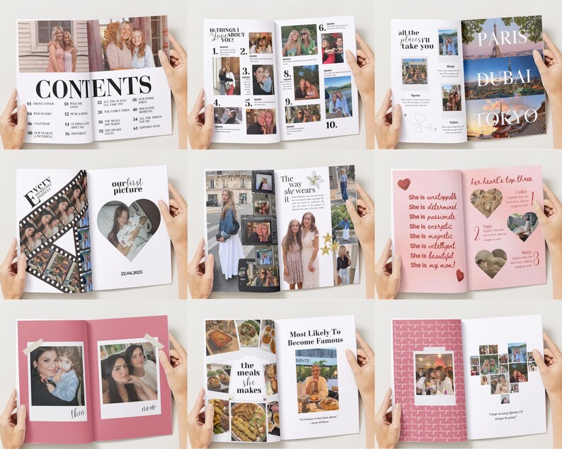 May include: A collection of open magazines with photographs and text. The magazines feature layouts with photos, captions, and titles such as "CONTENTS", "10 THINGS I LOVE ABOUT YOU", "our first picture", and "PARIS DUBAI TOKYO".