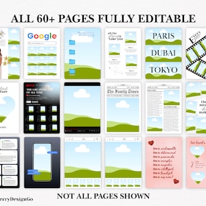 May include: A digital product showcasing various editable templates. The templates include designs for social media, presentations, and printables. The text includes phrases like "The way she wears it", "Google", "Paris", "Dubai", "Tokyo", and "The Family Times".