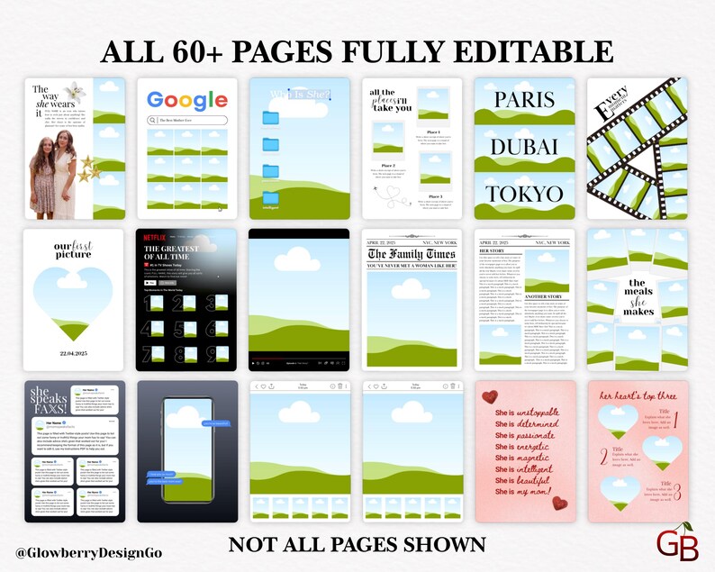 May include: A digital product showcasing various editable templates. The templates include designs for social media, presentations, and printables. The text includes phrases like "The way she wears it", "Google", "Paris", "Dubai", "Tokyo", and "The Family Times".