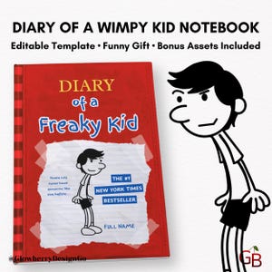 May include: A red notebook with the title "DIARY of a Freaky Kid" in yellow and blue text. The cover features a cartoon illustration of a boy and the text "THE #1 NEW YORK TIMES BESTSELLER". The notebook is a funny gift.