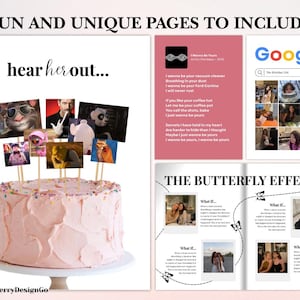 Op de afbeelding: Een roze cake met glazuur met karakterafbeeldingen erop, met de tekst "hear her out..." en "FUN AND UNIQUE PAGES TO INCLUDE". De afbeelding bevat ook pagina's met tekst en foto's, en de tekst "THE BUTTERFLY EFFECT".