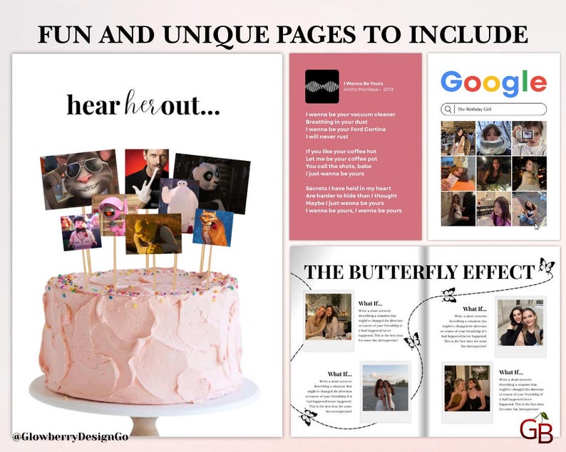 Op de afbeelding: Een roze cake met glazuur met karakterafbeeldingen erop, met de tekst "hear her out..." en "FUN AND UNIQUE PAGES TO INCLUDE". De afbeelding bevat ook pagina's met tekst en foto's, en de tekst "THE BUTTERFLY EFFECT".
