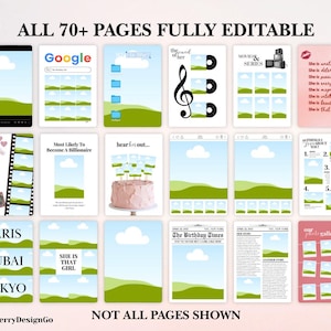 Op de afbeelding: Een verzameling digitale sjablonen met diverse ontwerpen. De sjablonen bevatten mockups van een Google-zoekpagina, een pagina met muziekthema, een filmseriespagina en een krant. Tekst bevat "ALLE 70+ PAGINA'S VOLLEDIG BEWERKBAAR" en "NIET ALLE PAGINA'S GETOOND".