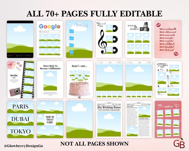 Op de afbeelding: Een verzameling digitale sjablonen met diverse ontwerpen. De sjablonen bevatten mockups van een Google-zoekpagina, een pagina met muziekthema, een filmseriespagina en een krant. Tekst bevat "ALLE 70+ PAGINA'S VOLLEDIG BEWERKBAAR" en "NIET ALLE PAGINA'S GETOOND".