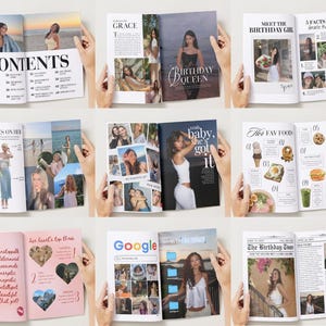 Op de afbeelding: Een verzameling open tijdschriften met verschillende lay-outs. De tijdschriften bevatten foto's van een vrouw, met koppen als "CONTENTS", "BIRTHDAY QUEEN" en "The FAV FOODS". De pagina's bevatten artikelen, foto's en tekst, waardoor een lifestyle-magazinethema ontstaat.