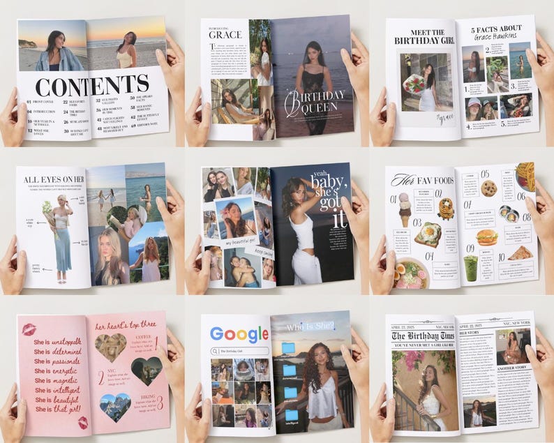 Op de afbeelding: Een verzameling open tijdschriften met verschillende lay-outs. De tijdschriften bevatten foto's van een vrouw, met koppen als "CONTENTS", "BIRTHDAY QUEEN" en "The FAV FOODS". De pagina's bevatten artikelen, foto's en tekst, waardoor een lifestyle-magazinethema ontstaat.
