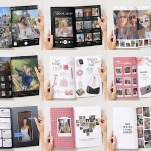 Op de afbeelding: Een verzameling open tijdschriften met verschillende lay-outs. De pagina's bevatten foto's, tekst en afbeeldingen. Titels zijn onder meer "With Her", "Her Playlist", "The Greatest of All Time", "Her Make Up", "What's in her Bag", "Our Photo Gallery" en "Her Future Looks Bright."