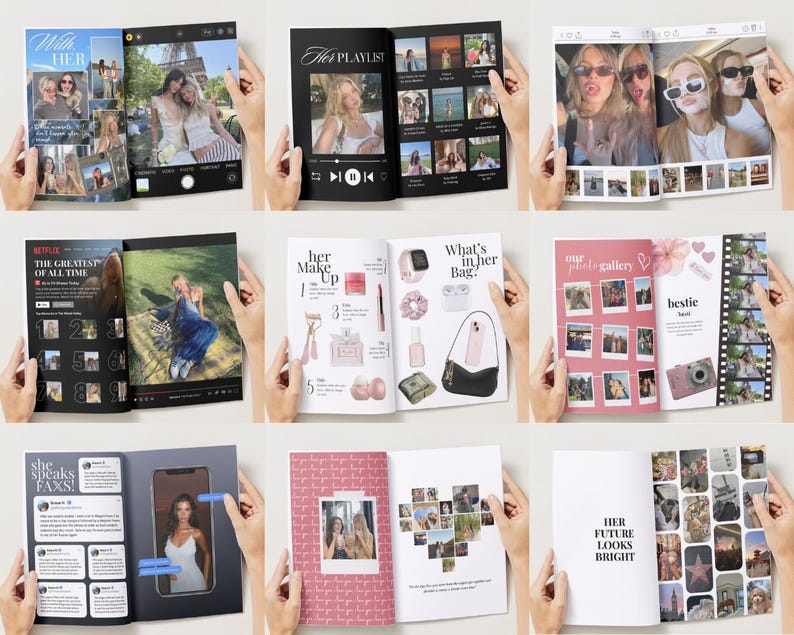 Op de afbeelding: Een verzameling open tijdschriften met verschillende lay-outs. De pagina's bevatten foto's, tekst en afbeeldingen. Titels zijn onder meer "With Her", "Her Playlist", "The Greatest of All Time", "Her Make Up", "What's in her Bag", "Our Photo Gallery" en "Her Future Looks Bright."