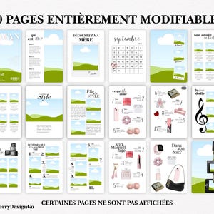 May include: A digital product mockup featuring 16 pages with various layouts. The pages include text and image placeholders, a calendar, and graphics. The text includes phrases like "60 Pages Enti&egrave;rement Modifiables" and "D&eacute;couvrez Ma M&egrave;re."