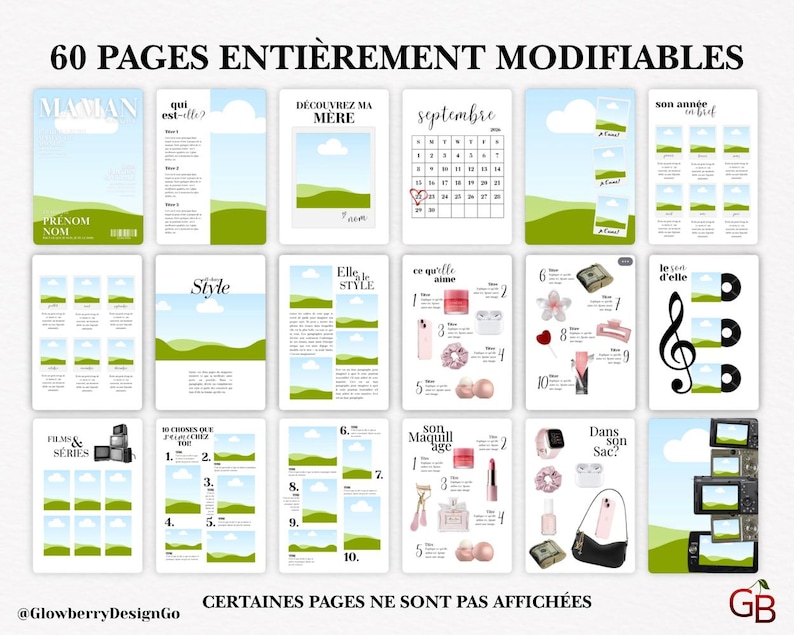 May include: A digital product mockup featuring 16 pages with various layouts. The pages include text and image placeholders, a calendar, and graphics. The text includes phrases like "60 Pages Enti&egrave;rement Modifiables" and "D&eacute;couvrez Ma M&egrave;re."
