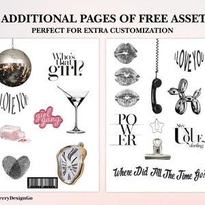 Op de afbeelding: Twee pagina's met digitale assets met diverse afbeeldingen en tekstelementen. Bevat een discobal, martiniglas, lippen, een telefoon en de zinnen "Who's that girl?", "Girl Gang", "I Love You" en "Where Did All The Time Go?"