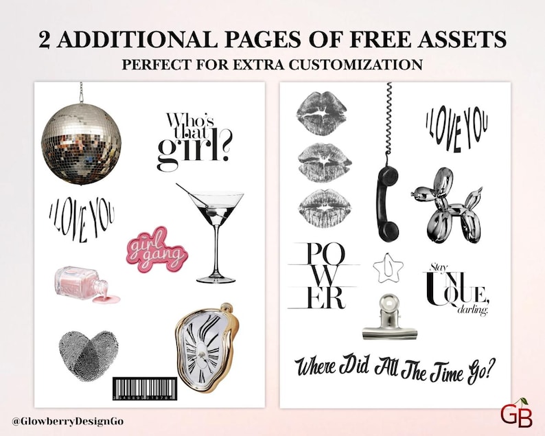 Op de afbeelding: Twee pagina's met digitale assets met diverse afbeeldingen en tekstelementen. Bevat een discobal, martiniglas, lippen, een telefoon en de zinnen "Who's that girl?", "Girl Gang", "I Love You" en "Where Did All The Time Go?"