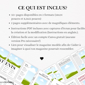 Puede incluir: Una plantilla de revista digital con fondo azul claro. El texto "CE QUI EST INCLUS?" est&aacute; en la parte superior. La imagen incluye p&aacute;ginas de revista con titulares como "CONTENTS" y "SUPERSTAR". La plantilla incluye m&aacute;s de 55 p&aacute;ginas en dos tama&ntilde;os.