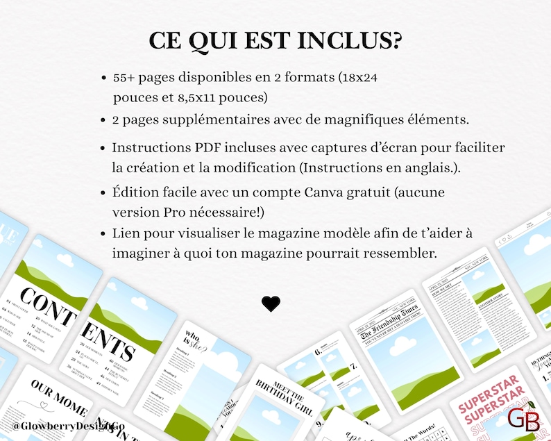 Puede incluir: Una plantilla de revista digital con fondo azul claro. El texto "CE QUI EST INCLUS?" est&aacute; en la parte superior. La imagen incluye p&aacute;ginas de revista con titulares como "CONTENTS" y "SUPERSTAR". La plantilla incluye m&aacute;s de 55 p&aacute;ginas en dos tama&ntilde;os.