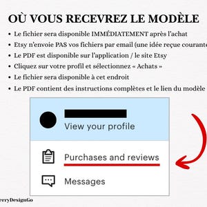 May include: A graphic with French text detailing how to access a digital file after purchase. The image includes a screenshot of an Etsy profile with a highlighted "Purchases and reviews" option, indicated by a red arrow. The text also includes the seller's logo.