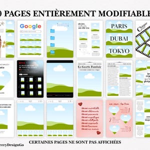 May include: A collection of digital templates with various layouts, including pages with photo placeholders, newspaper designs, and travel-themed graphics. The text "60 PAGES ENTI&Egrave;REMENT MODIFIABLES" is at the top.