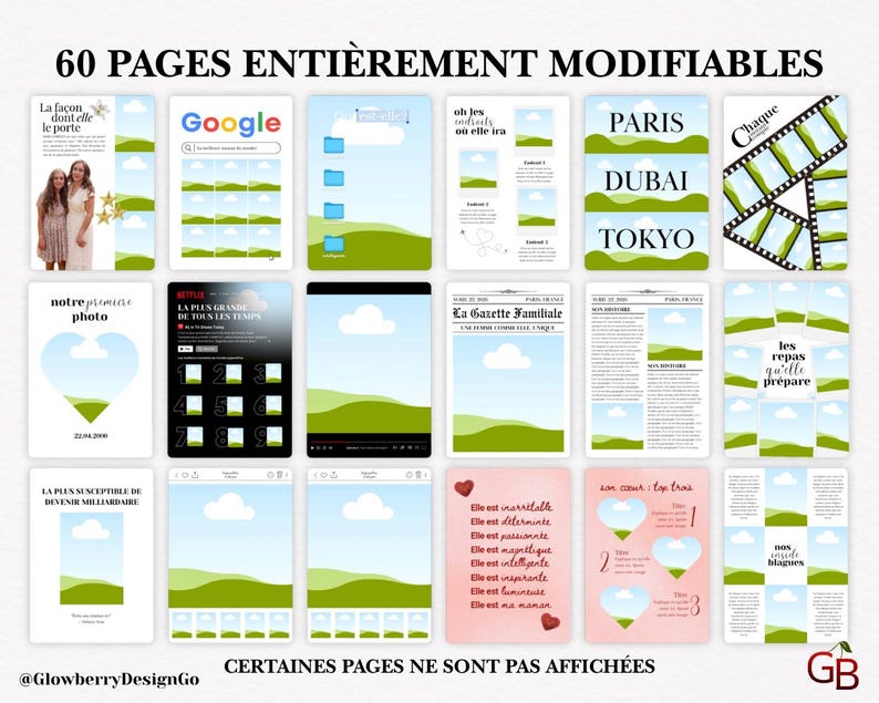 May include: A collection of digital templates with various layouts, including pages with photo placeholders, newspaper designs, and travel-themed graphics. The text "60 PAGES ENTI&Egrave;REMENT MODIFIABLES" is at the top.