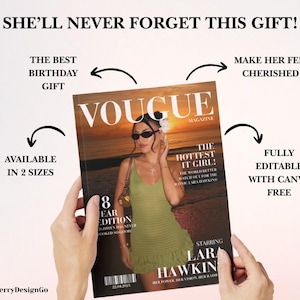Op de afbeelding: Een magazine cover met het woord "VOGUE" in grote witte letters. De cover toont een vrouw met een zonnebril en een groene jurk. Tekst op de cover luidt "THE HOTTEST IT GIRL!" en "STARRING LARA HAWKINS". De tekst "SHE'LL NEVER FORGET THIS GIFT!" staat bovenaan.