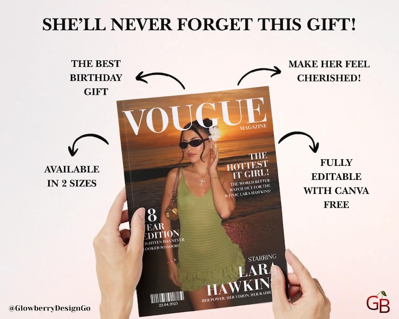 Op de afbeelding: Een magazine cover met het woord "VOGUE" in grote witte letters. De cover toont een vrouw met een zonnebril en een groene jurk. Tekst op de cover luidt "THE HOTTEST IT GIRL!" en "STARRING LARA HAWKINS". De tekst "SHE'LL NEVER FORGET THIS GIFT!" staat bovenaan.