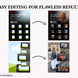 May include: Image showcasing a before-and-after editing concept. The text "EASY EDITING FOR FLAWLESS RESULTS" is at the top. The image features a Netflix interface with the text "THE GREATEST OF ALL TIME" and a grid of numbered thumbnails, transitioning to a photo collage.