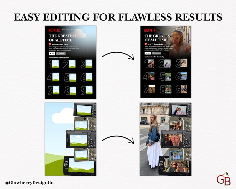 May include: Image showcasing a before-and-after editing concept. The text "EASY EDITING FOR FLAWLESS RESULTS" is at the top. The image features a Netflix interface with the text "THE GREATEST OF ALL TIME" and a grid of numbered thumbnails, transitioning to a photo collage.