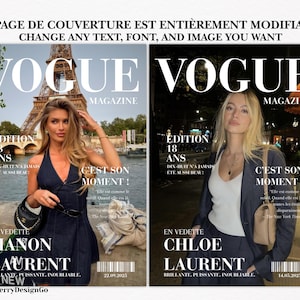 Puede incluir: Dos portadas de la revista Vogue una al lado de la otra. La portada izquierda presenta a una mujer con un vestido azul oscuro con la Torre Eiffel al fondo. La portada derecha muestra a una mujer con un traje oscuro. Ambas portadas tienen el logo de Vogue y texto en franc&eacute;s.