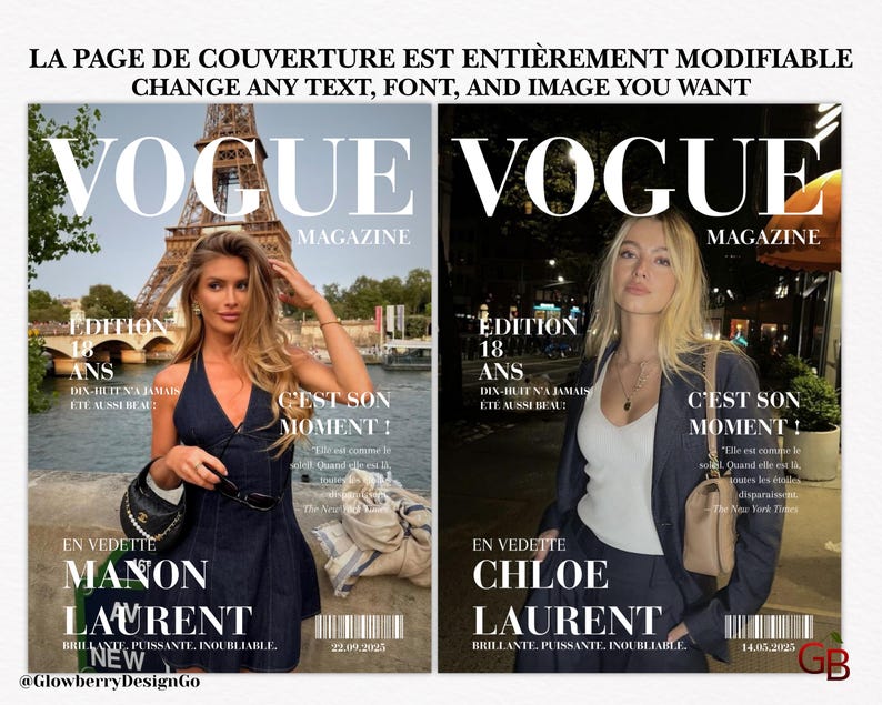Puede incluir: Dos portadas de la revista Vogue una al lado de la otra. La portada izquierda presenta a una mujer con un vestido azul oscuro con la Torre Eiffel al fondo. La portada derecha muestra a una mujer con un traje oscuro. Ambas portadas tienen el logo de Vogue y texto en franc&eacute;s.