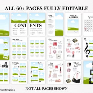 May include: A collection of digital planner pages with various layouts, including a calendar, content pages, and sections for personal reflection. The pages feature green and white designs with the text "ALL 60+ PAGES FULLY EDITABLE".