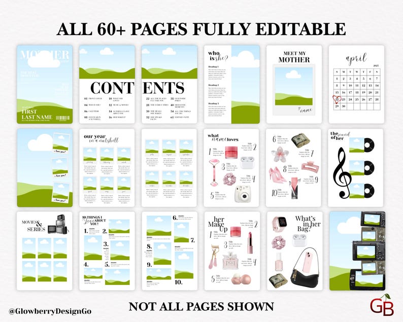 May include: A collection of digital planner pages with various layouts, including a calendar, content pages, and sections for personal reflection. The pages feature green and white designs with the text "ALL 60+ PAGES FULLY EDITABLE".