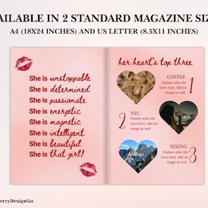 Op de afbeelding: Een roze tijdschriftpagina met tekst en hartvormige afbeeldingen. De linkerpagina bevat stimulerende bijvoeglijke naamwoorden. De rechterpagina toont "her heart's top three" met koffie, NYC en wandelen. Verkrijgbaar in A4 (45,7x61 cm) en US Letter (21,6x27,9 cm) formaten.