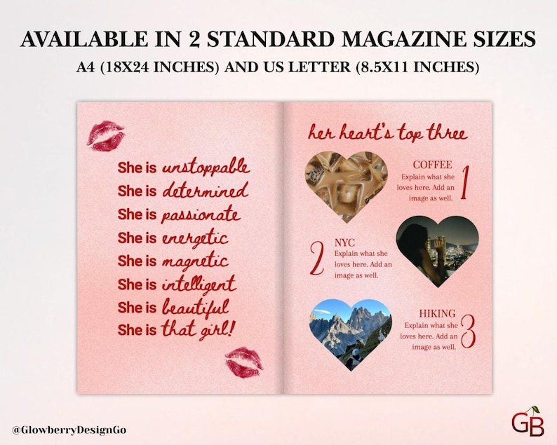 Op de afbeelding: Een roze tijdschriftpagina met tekst en hartvormige afbeeldingen. De linkerpagina bevat stimulerende bijvoeglijke naamwoorden. De rechterpagina toont "her heart's top three" met koffie, NYC en wandelen. Verkrijgbaar in A4 (45,7x61 cm) en US Letter (21,6x27,9 cm) formaten.