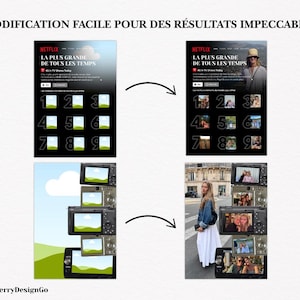 May include: Image showing a before-and-after comparison of a Netflix webpage design. The text at the top reads "MODIFICATION FACILE POUR DES R&Eacute;SULTATS IMPECCABLES." The bottom half shows a woman standing next to a stack of cameras displaying photos.